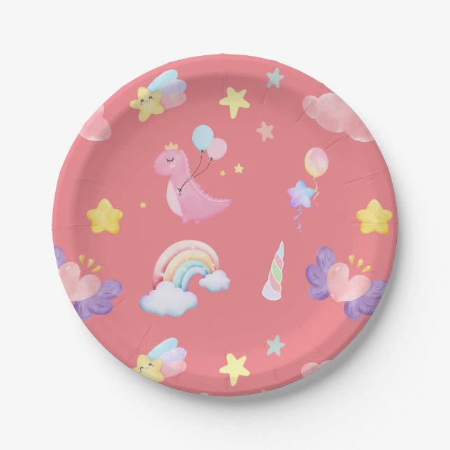 Cute pink sweet dinosaur rainbow balloon Pattern  Paper Plate (Front)