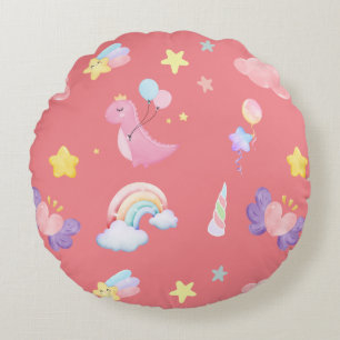 Cute pink sweet dinosaur rainbow balloon Pattern  Round Cushion