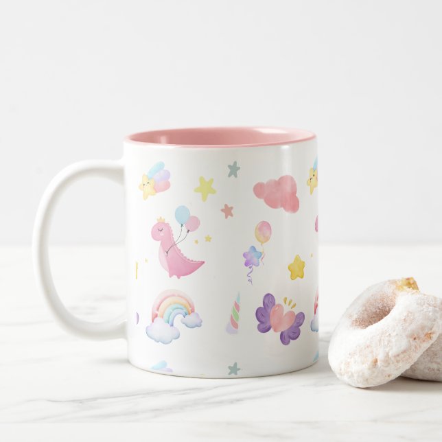 Cute pink sweet dinosaur rainbow balloon Pattern  Two-Tone Coffee Mug (With Donut)