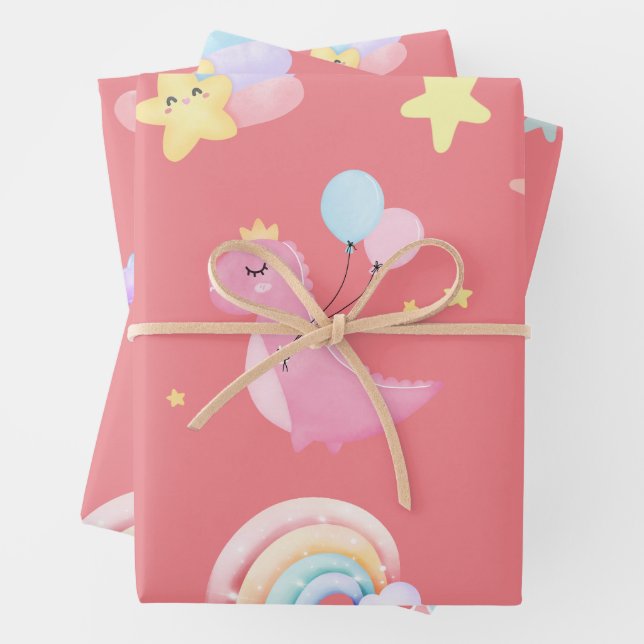 Cute pink sweet dinosaur rainbow balloon Pattern  Wrapping Paper Sheet (In situ)