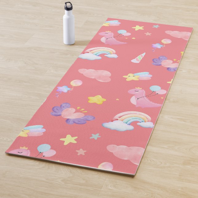 Cute pink sweet dinosaur rainbow balloon Pattern  Yoga Mat (In Situ)