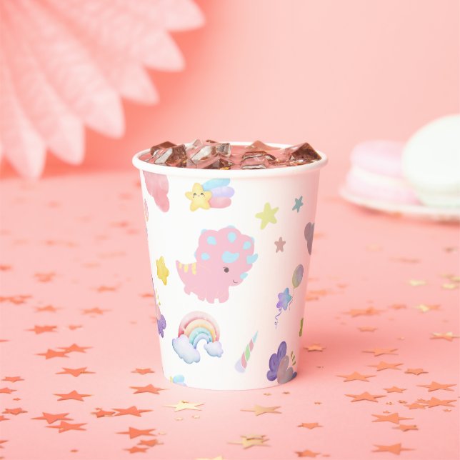 Cute pink sweet dinosaur rainbow pastel Pattern Paper Cups (Insitu)