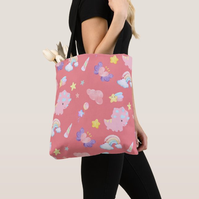 Cute pink sweet dinosaur rainbow pastel Pattern Tote Bag (Close Up)