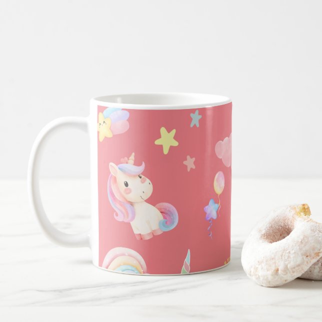 Cute pink sweet unicorn rainbow balloon Pattern  Coffee Mug (With Donut)