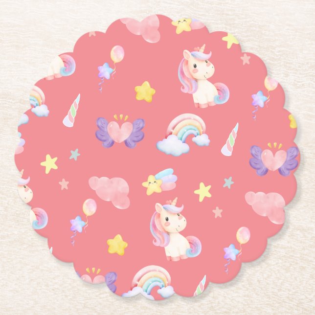 Cute pink sweet unicorn rainbow balloon Pattern  Paper Coaster (Front)