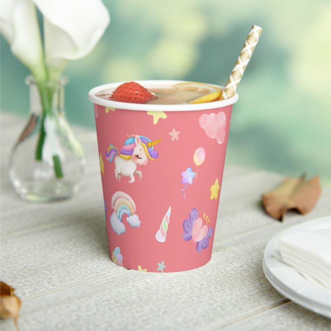 Cute pink sweet unicorn rainbow Balloon Pattern Paper Cups (Insitu)
