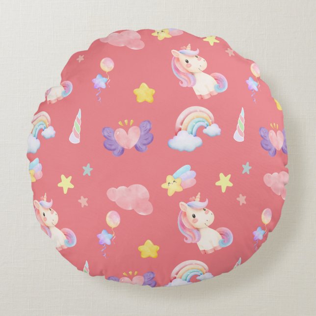 Cute pink sweet unicorn rainbow balloon Pattern  Round Cushion (Front)