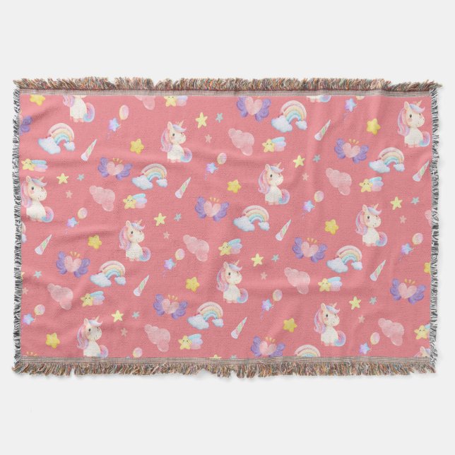 Cute pink sweet unicorn rainbow balloon Pattern  Throw Blanket (Front)