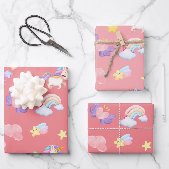 Cute pink sweet unicorn rainbow Balloon Pattern Wrapping Paper Sheet (Front)