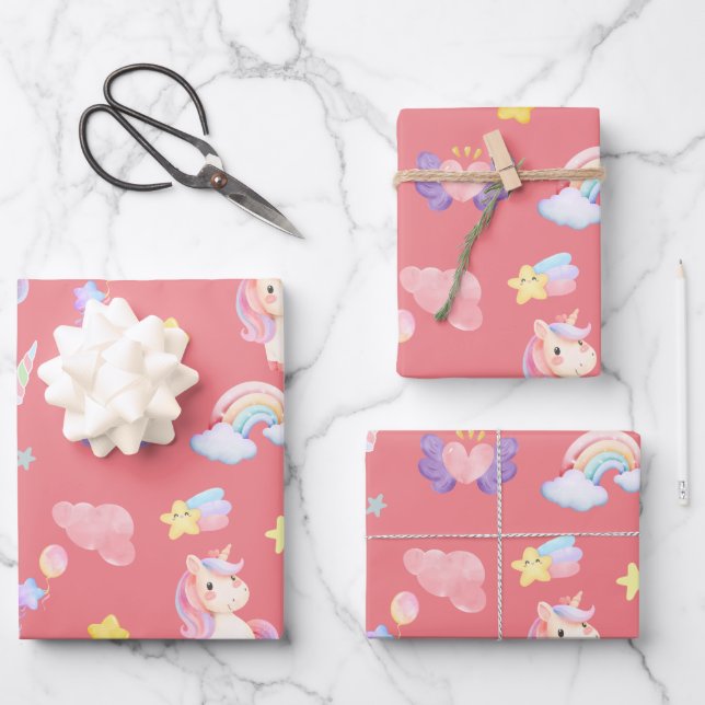 Cute pink sweet unicorn rainbow balloon Pattern  Wrapping Paper Sheet (Front)