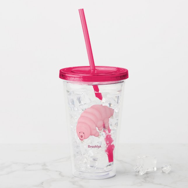 Cute pink tardigrade water bear cartoon acrylic tumbler (Front Ice)