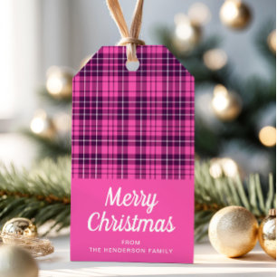 Cute Pink Tartan Plaid Merry Christmas Gift Tags