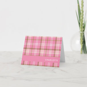 Cute Pink Tartan Plaid Pattern Personalised Name Note Card