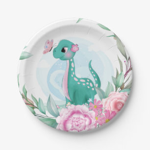 Cute Pink Teal Dinosaur Butterfly Girl Baby Shower Paper Plate