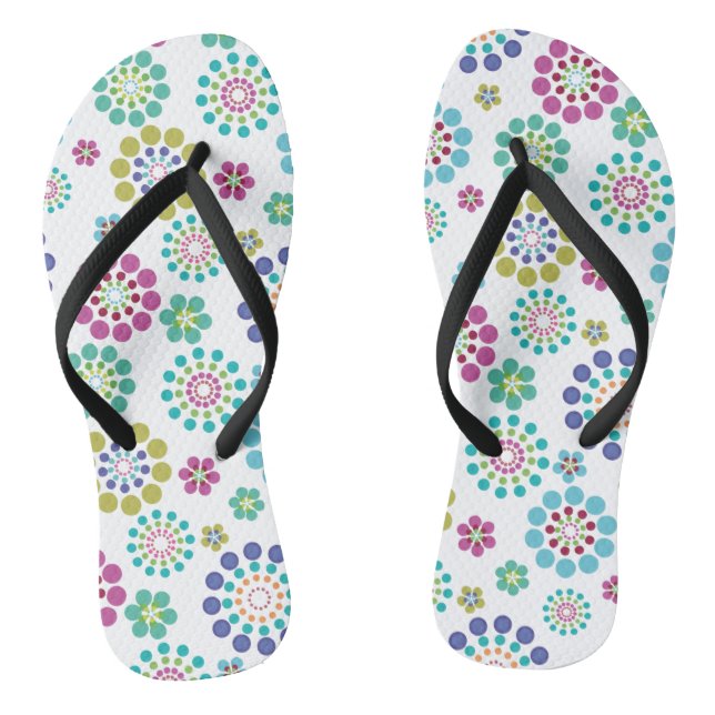 Cute Pink Teal Dot Flower Pattern Thongs (Footbed)