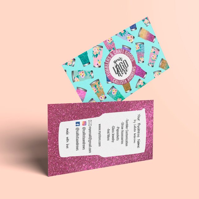 Cute Pink Teal Floral Glitter Tumbler Crafter Logo Business Card (Creator Uploaded)