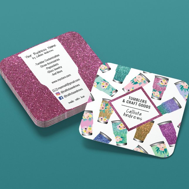 Cute Pink Teal Floral Glitter Tumbler Crafter Logo Square Business Card (Creator Uploaded)