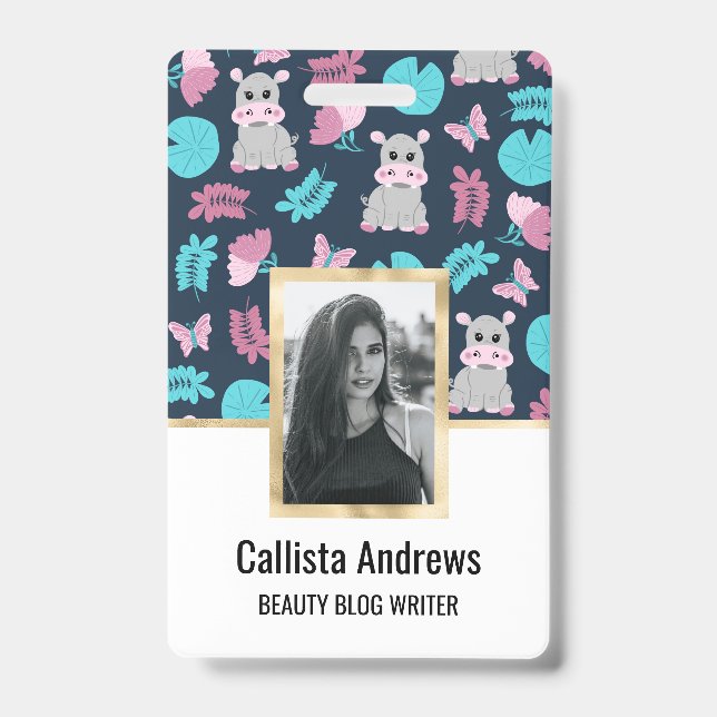 Cute Pink Teal Hippo Floral Butterfly Lily Pad ID Badge (Front)