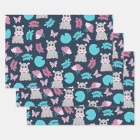 Cute Pink Teal Hippo Floral Butterfly Lily Pad