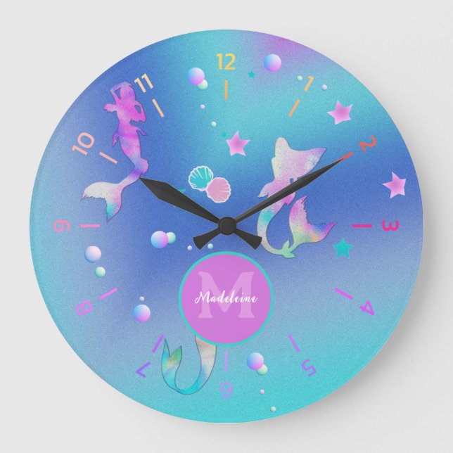 Cute Pink Teal Sea Ocean Shells Mermaid Monogram Large Clock (Front)