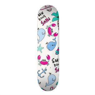Cute Pink Teal Summer Beach Illustrated Characters Skateboard