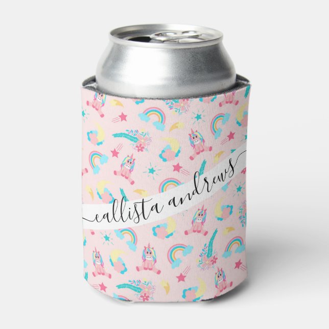 Cute Pink Teal Unicorn Rainbow Floral Stars Can Cooler (Can Front)