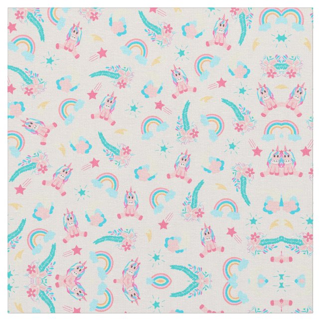 Cute Pink Teal Unicorn Rainbow Floral Stars Fabric (Close Up)