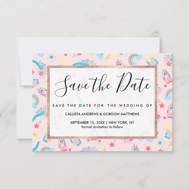 Cute Pink Teal Unicorn Rainbow Floral Stars Save The Date (Front)