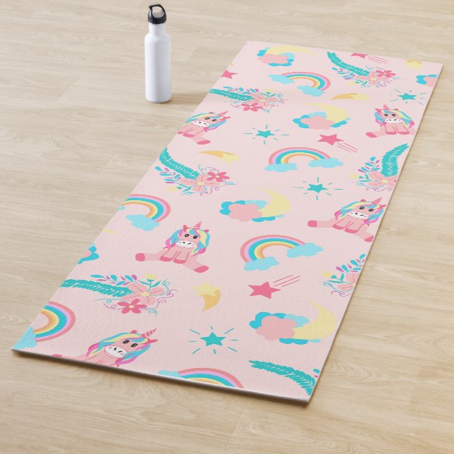 Cute Pink Teal Unicorn Rainbow Floral Stars Yoga Mat (In Situ)