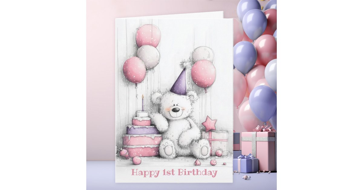 Cute Pink Teddy Bear 1st Birthday Card | Zazzle