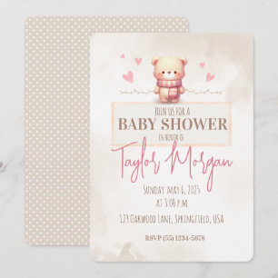 Cute Pink Teddy Bear Baby Shower Invitation