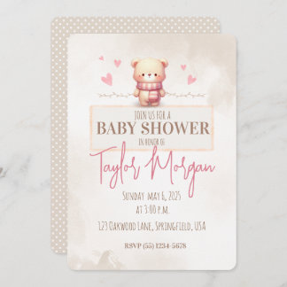 Cute Pink Teddy Bear Baby Shower  Invitation