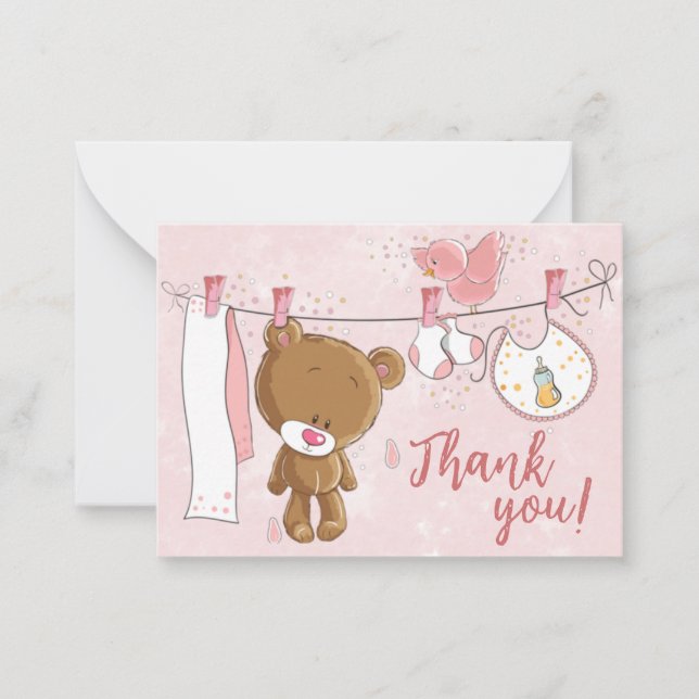 Cute Pink Teddy Bear Baby Shower Thank You Card (Front)