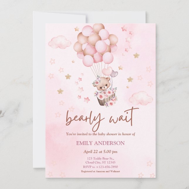 Cute Pink Teddy Bear Balloon Girl Baby Shower Invitation (Front)