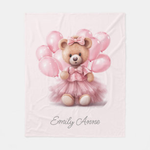 Cute Pink Teddy Bear Balloons Child's Name Fleece Blanket