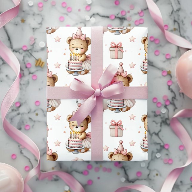 Cute Pink Teddy Bear Birthday Party Wrapping Paper (Creator Uploaded)