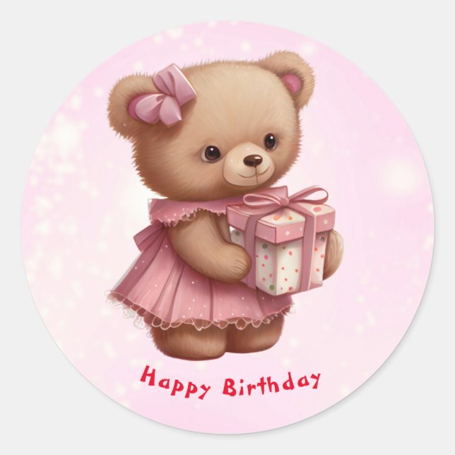 Cute Pink Teddy Bear Birthday Personalised  Classic Round Sticker (Front)