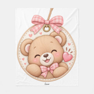 Cute Pink Teddy Bear Custom Name Baby Blanket