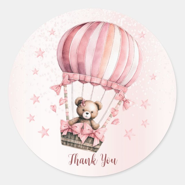 Cute Pink Teddy Bear Hot Air Balloon Party Classic Round Sticker (Front)