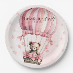 Cute Pink Teddy Bear Hot Air Balloon Party Paper Plate