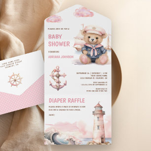 Cute Pink Teddy Bear Nautical Girl Baby Shower All In One Invitation