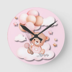 Cute Pink Teddy Bear Nursery Wall Clock 