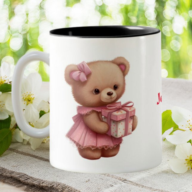 Cute Pink Teddy Bear Personalised  Two-Tone Coffee Mug (Creator Uploaded)