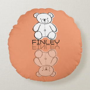 Cute Pink Teddy Bear Reflection Doodle Custom Name Round Cushion