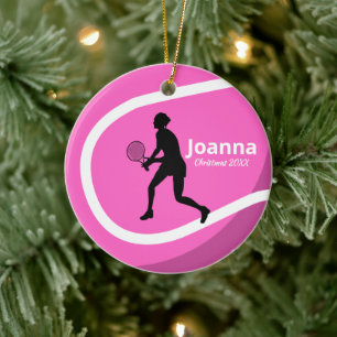 Cute Pink Tennis Ball & Girl Player Coach Sporty Ceramic Ornament