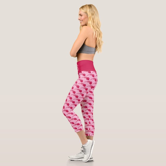 Cute pink tennis ball print sports high waist capri leggings (Left)