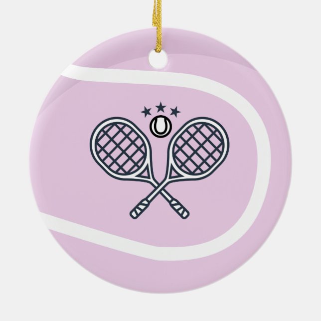 Cute Pink Tennis Ball & Rackets Adorable Girly Ceramic Ornament (Back)