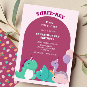 Cute pink three-rex 3rd dinosaur birthday  invitation