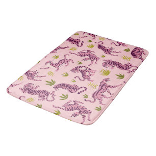 Cute Pink Tigers Tropical Leaves Abstract Animal Bath Mat