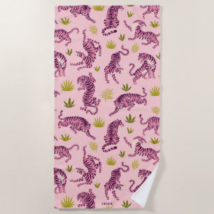 Cute Pink Tigers Tropical Leaves Abstract Animal Beach Towel